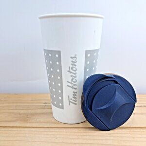 Tim Hortons 2016 Ceramic Travel Mug Polka Dot White Grey Coffee Tumbler Blue Lid